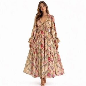 Free People Floral Maxi Dress Natural Combo V-Neck Smocked Waist Small OB2097030